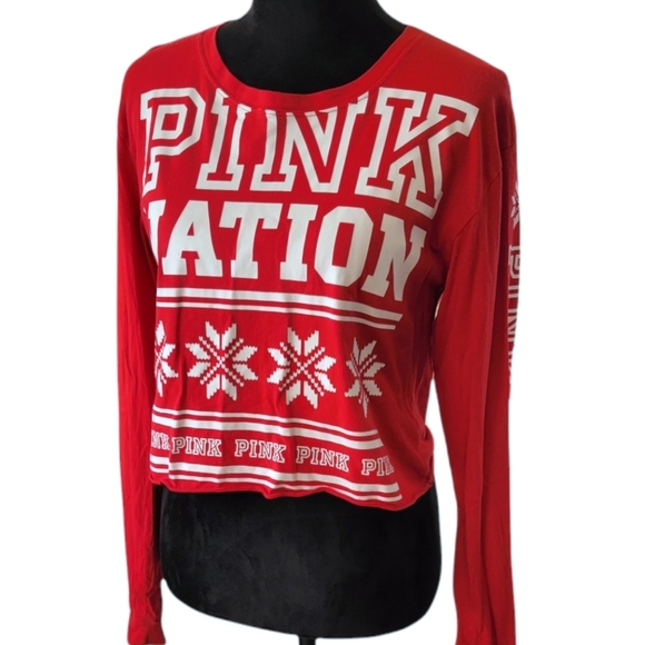 PINK Victoria's Secret Red Holiday "Pink Nation" Cropped LS Cotton Tee - Picture 3 of 8